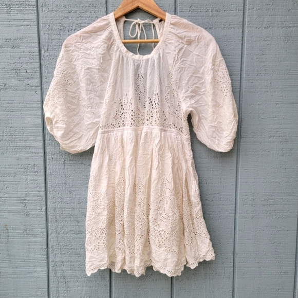 y2k Free People Babydoll Eyelet Lace Puff Sleeve Tunic Open Back sz XS/S Ivory - Picture 1 of 10